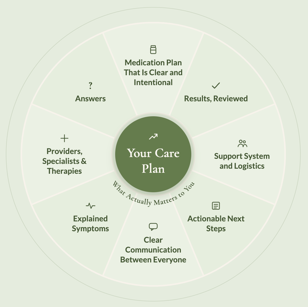 After a Comprehensive Assessment: an organized eight-part Care Plan wheel with a clear medication plan, reviewed results, actionable next steps, and coordinated communication.